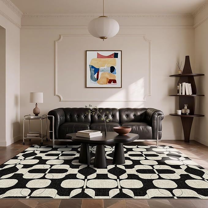 Latte&Fog 6x9 Area Rugs for Living Room Bedroom, Black Vintage Washable Rug, Boho Non Slip Low Pile Carpet for Indoor Dining Room, Dorm, Classroom,College Dorm,Farmhouse and Home Office - Black Beige