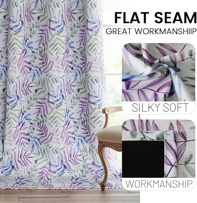 SimpleHome 100% Blackout Curtains for Bedroom, Floral Curtains 84 inches Long Purple Green Blue Drapes Grommet 2 Panels Set Leaf Patterns