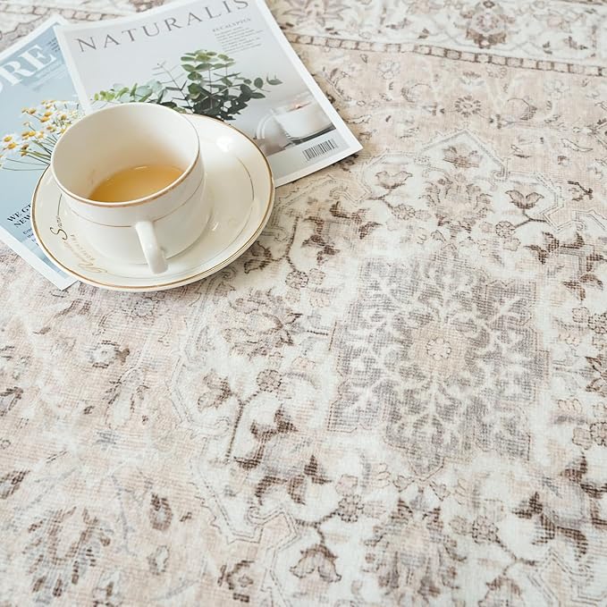 Living Room 4x6 Area Rugs: Vintage Farmhouse Washable Non-Slip Rug for Bedroom Dining Room Ultra Thin Soft Carpet for Nursery Kitchen Durable Low-Pile Neutral Floor Mat for Pet Owners(4x6 Beige)