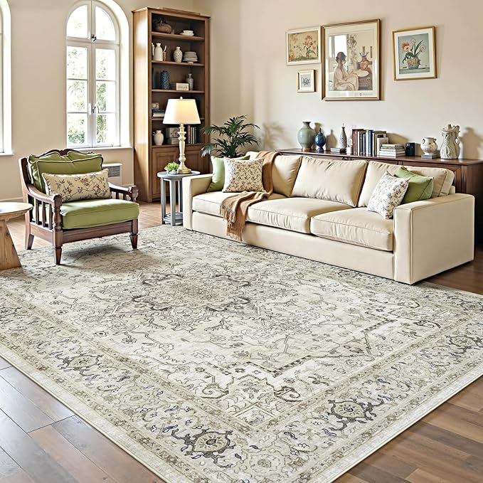 Lofus 5x7 Area Rugs for Living Room, Washable Area Rug, Rugs for Bedroom, Kitchen, Vintage Boho Carpet, Soft Non-Slip, Low Pile Large Area Rug for Office Dining Room, Beige and Brown