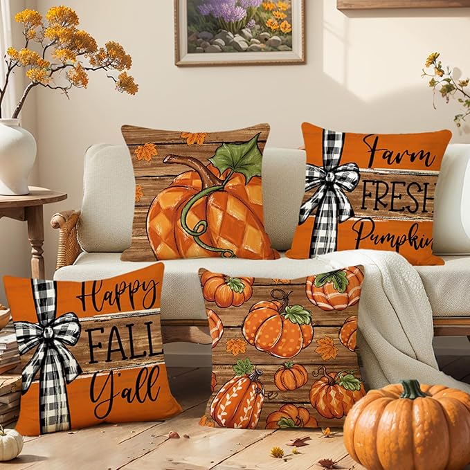 Fall Decorations for Home,Fall Pillow Covers 18 x 18 Inch Autumn Thankful Grateful Blessed Pumpkin Linen Pillow Decorations for Sofa Couch Set of 4