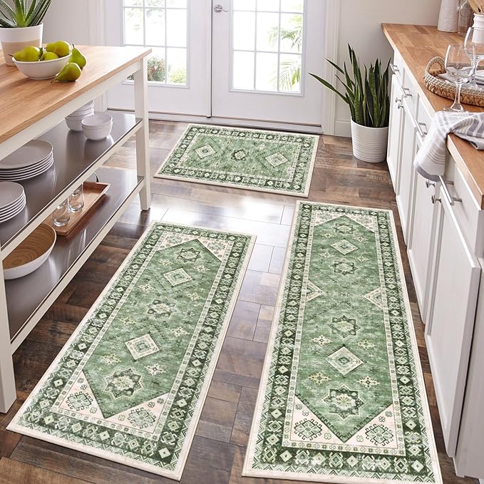 HEBE Boho Kitchen Rug Sets 3 Piece with Runner Non Slip Kitchen Rugs and Mats Washable Kitchen Mats for Floor Thick Kitchen Floor Mat Carpet Runner Rugs for Hallway Laundry Holiday Decor
