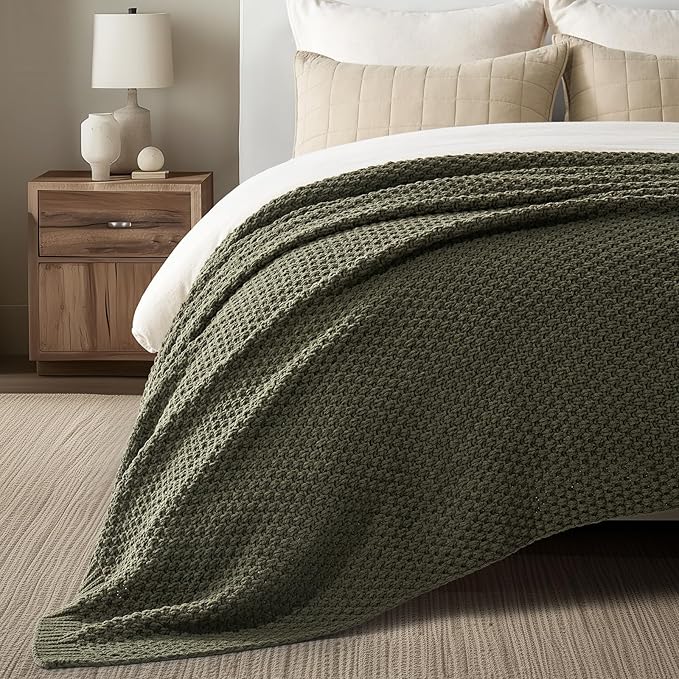EVERGRACEHOME Chunky Chenille Knit Throw Blanket for Couch, Soft Luxurious Oversized Queen Moss Stitch Blanket for Bed, Cozy Farmhouse Knitted Throw for Sofa, Olive Green, 90" x 90"