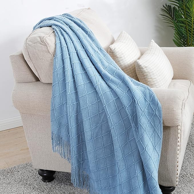 BOURINA Blue Throw Blanket 50x60 Inches Throw Textured Solid Soft Sofa Couch Decorative Knit Blanket