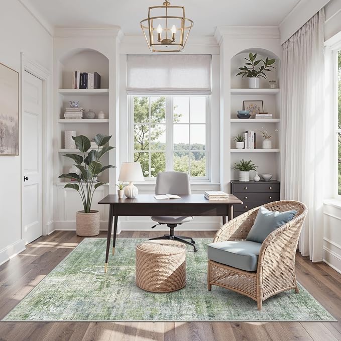 Soalmost Area Rugs 4x6 for Living Room, Vintage Washable Rugs for Dining Room, Kitchen, Non-Slip Area Rug Green Ivory