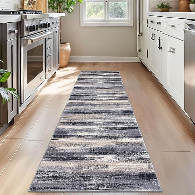 Lansny Modern Abstract Bedroom Runner Rug 2x7, Grey Black Multi Washable Kitchen Runner, Non-Slip Soft Thin Faux Wool Mat for Entryway, Hallway, Laundry Room, Indoor Home Decor