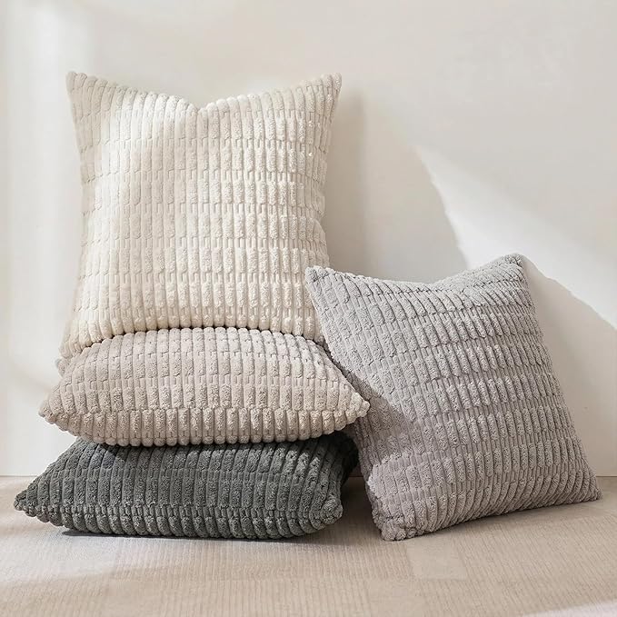 Fancy Homi Set of 4 Grey and White Decorative Throw Pillow Covers 16x16 Inch for Couch Bed Chair, Modern Farmhouse Boho Room Decor, Soft Fuzzy Double Sided Corduroy Textured Striped Cushion Case 40cm