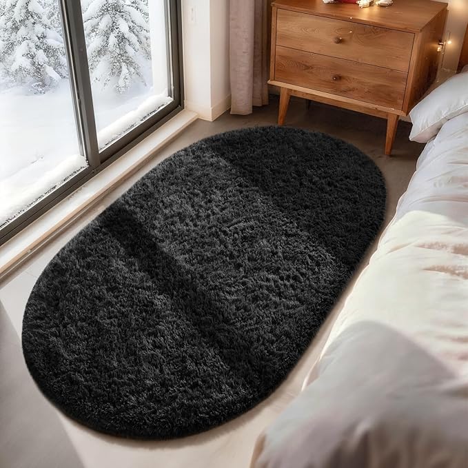 Ophanie 3x5 Oval Black Rugs for College Dorm, Bedroom Small Area Rug, Non-Slip Fluffy Shaggy Bedside Soft Shag Fuzzy Plush Carpet for Kids Boys Teen Home Decor Aesthetic, Nursery