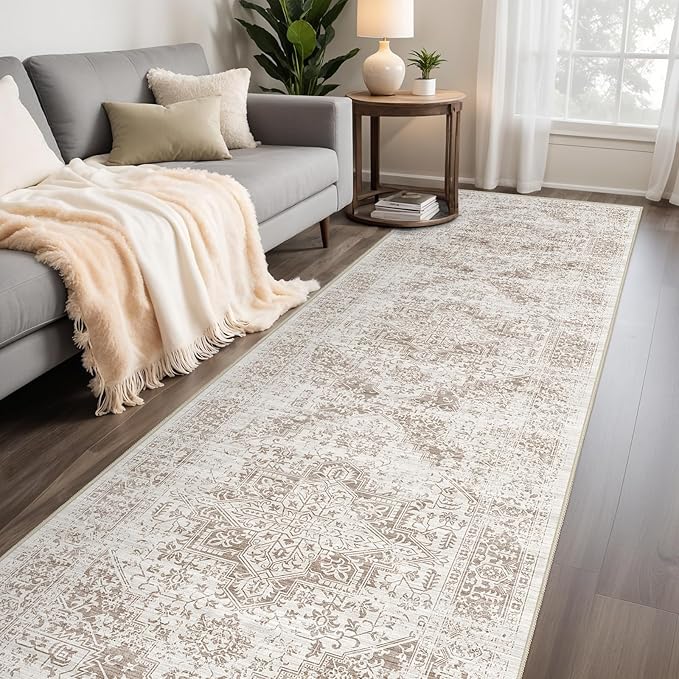 Hallway 3x10 Runner Rug - Vintage Non-Slip Long Rug for Entryway Low-Pile Washable Medallion Runner Rugs for Hallway Waterproof Traditional Runner Rug Indoor Thin Rug for Kitchen (Ivory/Beige)