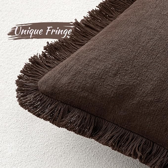 MIULEE Decorative Throw Pillow Covers Neutral Linen Fringe Throw Pillows Set of 2 Dark Brown Boho Farmhouse Cushion Covers with Tassels for Couch Sofa Bed Living Room Spring Decor 20x20 Inch