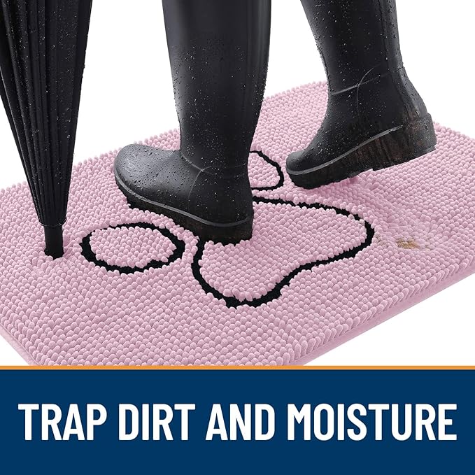 OLANLY Dog Door Mat for Muddy Paws 48x30, Paw Print Design, Absorbs Moisture and Dirt, Non-Slip Washable Doormat, Quick Dry Chenille Mud Mat for Dogs, Entry Indoor Entryway Carpet, Dusty Rose