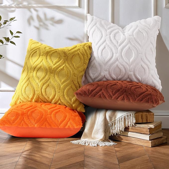 decorUhome Throw Pillow Covers 26x26 Inch Set of 2, Soft Plush Decorative Faux Fur Cream White Solid Couch Pillow Covers, Accent Farmhouse Neutral Square Euro Pillow Cases for Sofa Bed Living Room