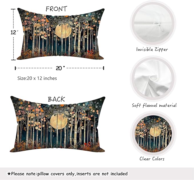Rustic William Morris Inspired Forest Moon Decor Pillow Covers 12x20 Set of 4,Vintage Botanical Nature Landscape Decorative Throw Pillow Covers for Home Bedroom Living Room,Fall Home Room Decor