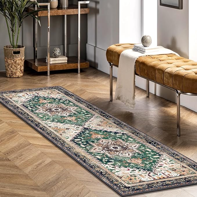 Yamaziot Washable Runner Rug, 2x6 Non-Slip Boho Vintage Hallway Rug Runner with Rubber Backing, Stain Resistant & Low Pile Faux Wool Distressed Carpet Runner for Kitchen, Laundry, Entrance