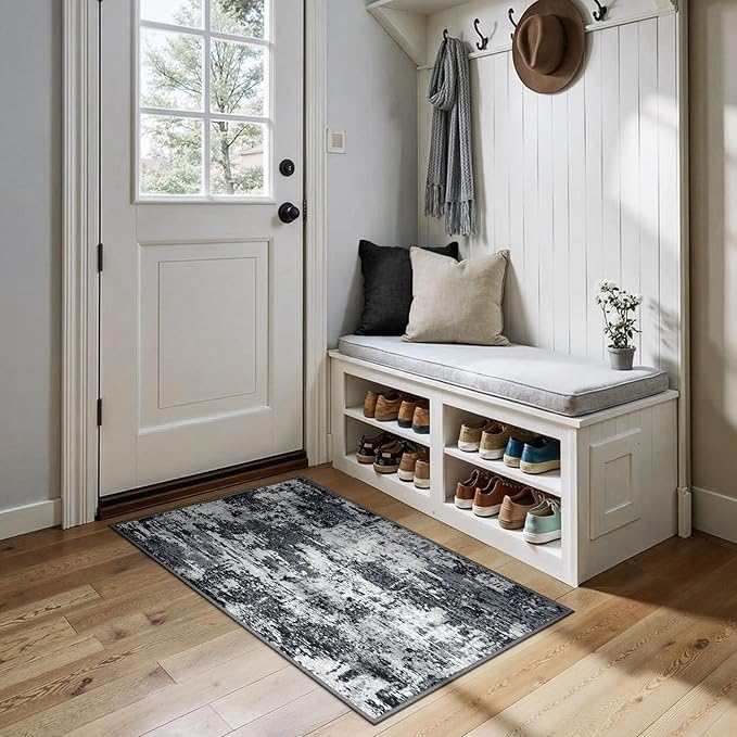 Washable Area Rugs 2'x4' Non-Slip Modern Abstract Soft for Living Room Entryway Bedroom Nursery, Print Pattern, Black Navy Blue Gray