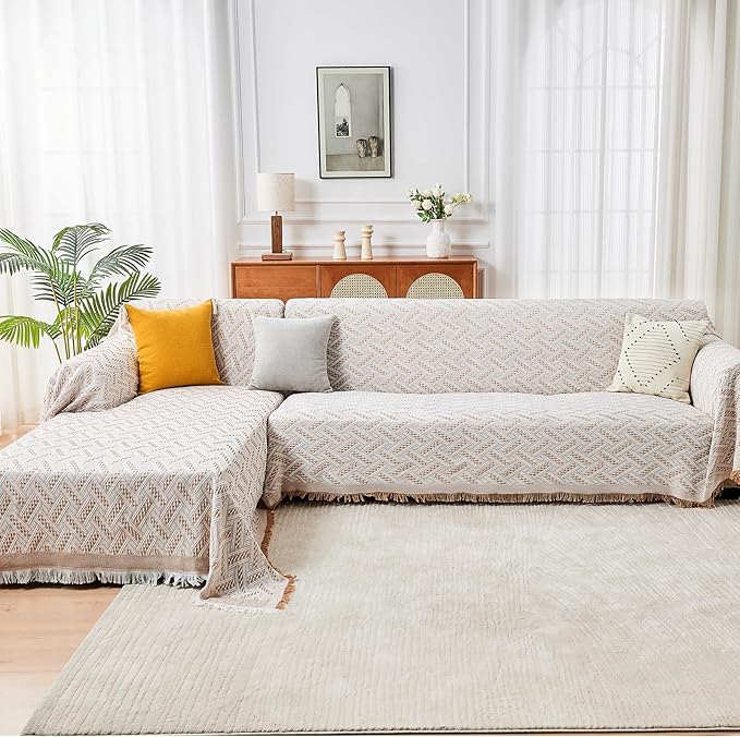 HOMERILLA Sectional Couch Covers for Sectional Sofa L Shaped Sofa Cover Blanket 2 Pieces L Shape Furniture Protector for Pets Dogs(Khaki White, XX-Large)
