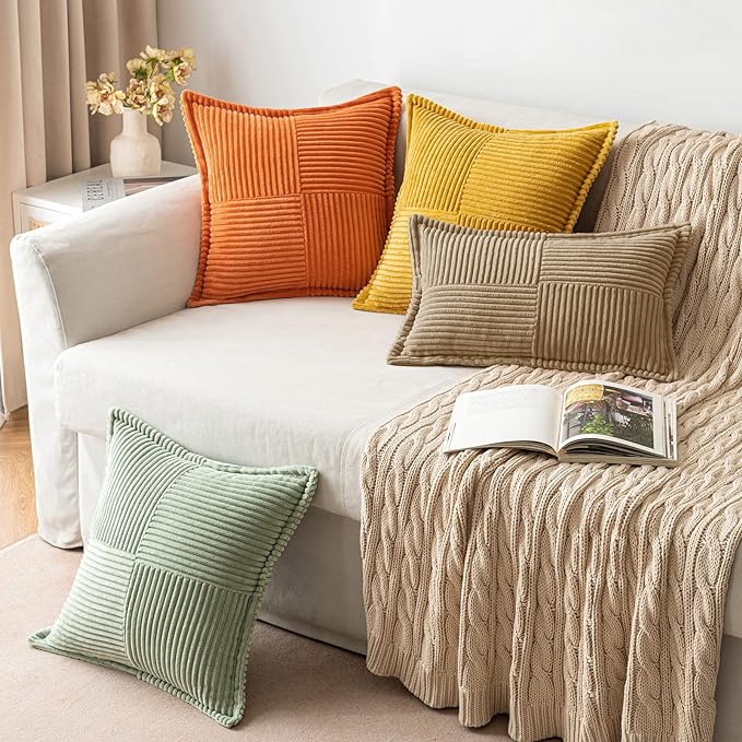 MIULEE Decorative Throw Pillow Covers for Couch Bed Livingroom 16x16 Inch Set of 2 Khaki Boho Accent Throw Pllows Broadside Striped Patchwork Soft Corduroy Pillowcases