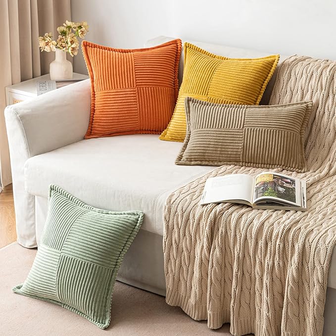 MIULEE Decorative Lumbar Throw Pillow Covers for Couch Bed Livingroom 12x20 Inch Set of 2 Khaki Boho Accent Throw Pllows Broadside Striped Patchwork Soft Corduroy Pillowcases