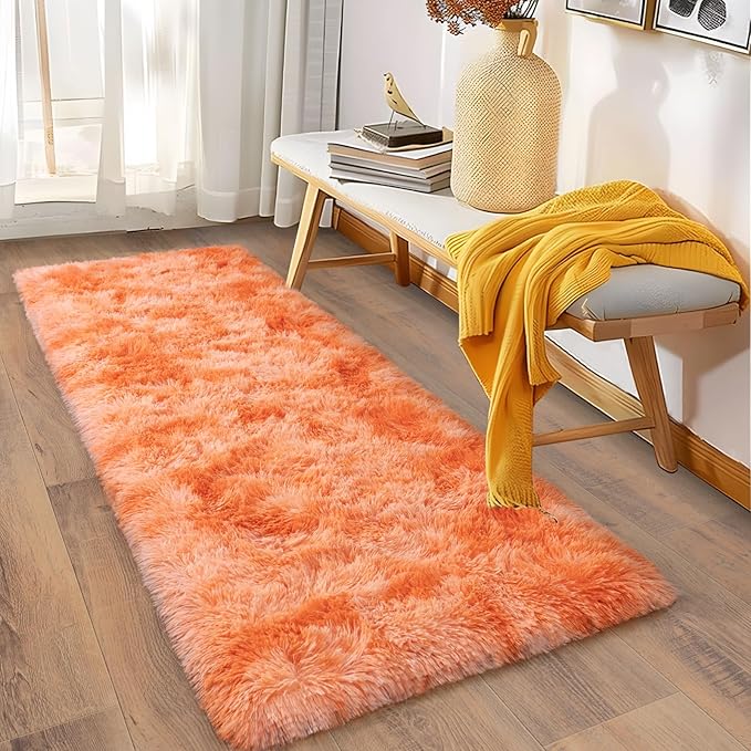 Soft Runner Rugs for Bedroom Hallways, 2x6 Tie-Dyed Orange Fluffy Shag Throw Area Rug Non Slip for Bedside Dorm, Long Shaggy Furry Carpet for Nursery Living Room