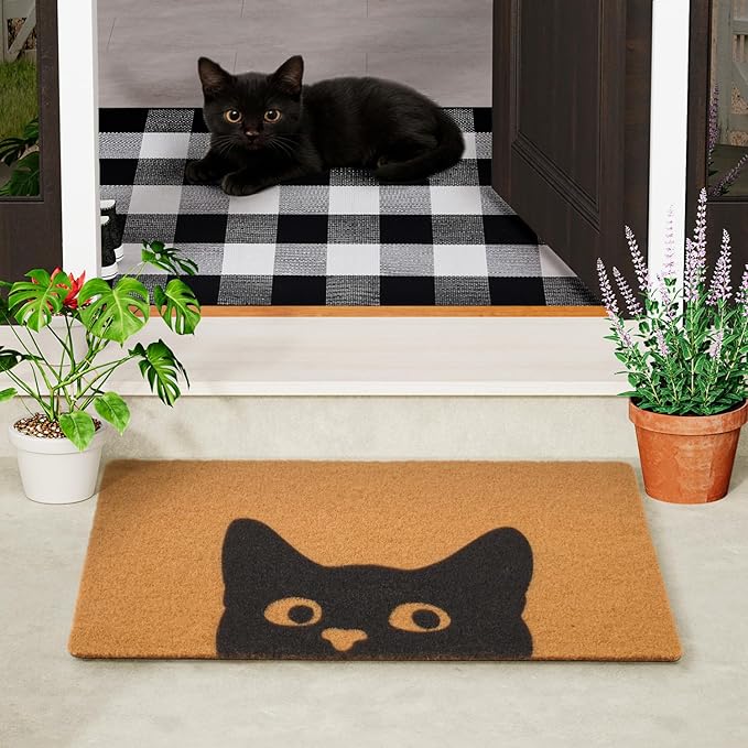 UINI Welcome Door Mat Combo Set, 28" x 43" Black and White Plaid Mat +17" x 30" Cat Welcome Mat, 2 PCS Doormat Set for Front Door, Entrance, Porch Decor, Non-Slip