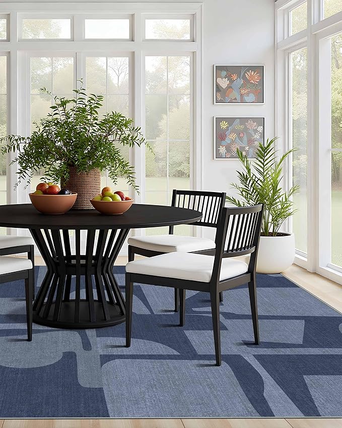Latte&Fog 8x10 Area Rugs for Living Room, Large Modern Abstract Washable Rug, Boho Non Slip Low Pile Carpet for Indoor Bedroom Dining Room, Office, Dorm, Classroom, Farmhouse and Kids Room - Navy Blue
