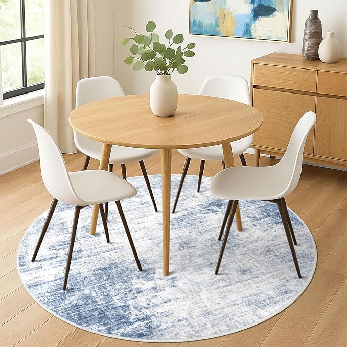 IOHOUZE Abstract Round Area Rug 6 Ft Washable Circle Rugs Large Round Rug Non Slip Thin Soft Circle Rugs, Printed Faux Wool Floor Carpet for Bedroom Living Room Dining Room Nursery, Light Blue Grey