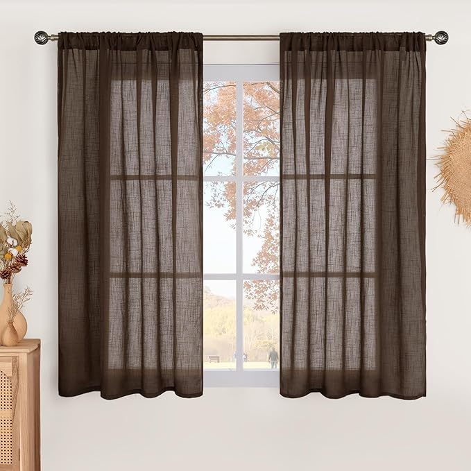 Panels for Small Windows, Brown Linen Blend Light Filtering Curtains, Set of 2