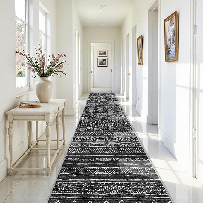Ksrau 3x20 Runner Rug Washable - Extra Long Non-Slip Modern Runners for Hallway Soft Moroccan Low Pile Indoor Floor Mat for Living Room Kitchen Waterproof Geometric Runner Rugs Entryway 3x20 Black