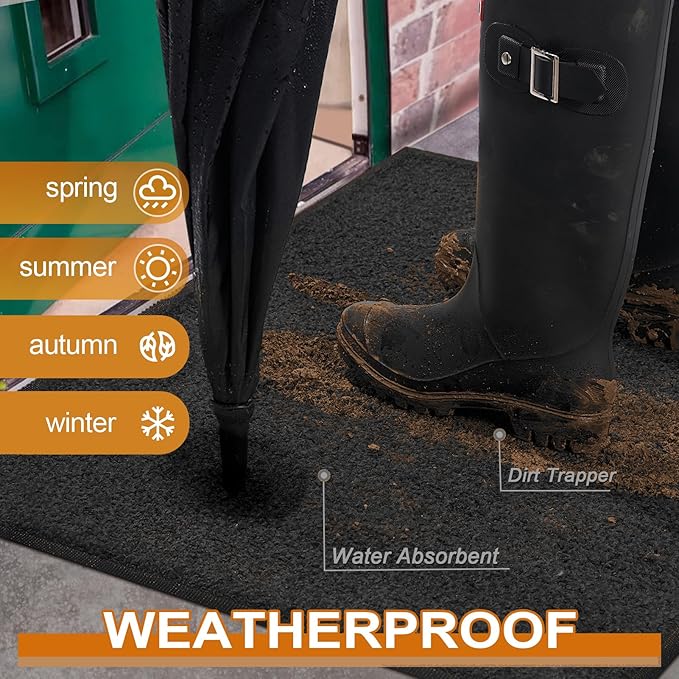Mibao Dirt Trapper Door Mat for Indoor Outdoor, Waterproof All-Season, All-Weather Doormat, Heavy Duty Non-Slip Entrance Rug, Low Profile Absorbent Entrance Mat Carpet, 48" x 24", Black