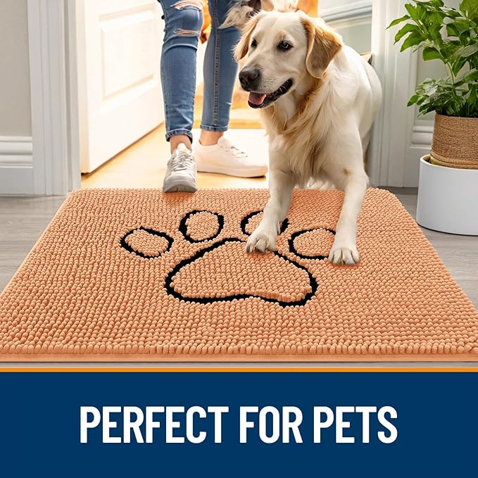 OLANLY Dog Door Mat for Muddy Paws 48x30, Paw Print Design, Absorbs Moisture and Dirt, Absorbent Non-Slip Washable Doormat, Quick Dry Chenille Mud Mat for Dogs, Entry Indoor Entryway Carpet, Orange