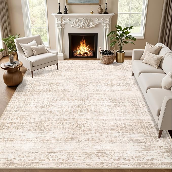 Area Rugs 10x14 Living Room Rug: Washable Rug Soft Vintage Boho Carpet Indoor Floor Non-Slip Stain Resistant Large Carpets for Bedroom Dining Room Farmhouse Nursery Home Office Beige