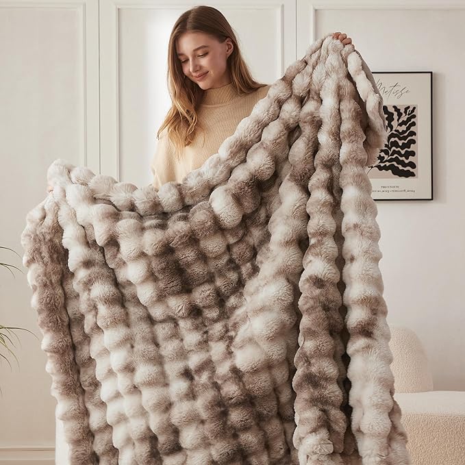 COOVA Faux Fur Throw Blanket for Couch, Cozy Soft and Fuzzy Plush Rabbit Fur Bubble Blanket for Sofa Bedroom Living Room, 60x80 Inches Tie Dye Brown