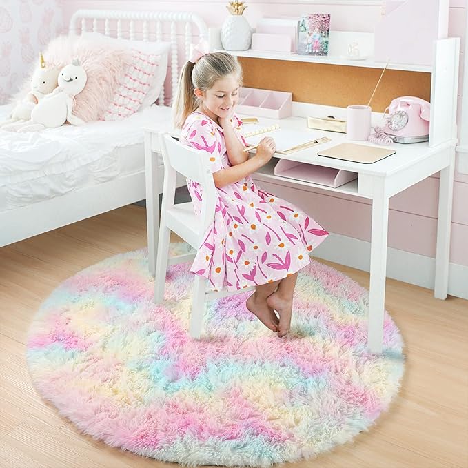 Amdrebio Rainbow Fluffy Round Rug 5Ft Kids Rugs for Girls Bedroom, Unicorn Room Decor, Colorful Pastel Shag Carpet for Playroom Baby Nursery, Cute Furry Kawaii Circle Area Rug for Toddler Princess