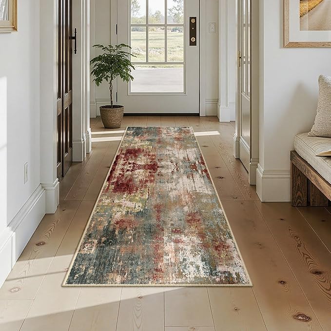Washable Area Rugs 2x7 Non-Slip Modern Abstract Soft for Living Room Entryway Bedroom Nursery, Print Pattern, Brown Rust Red Green Blue Multi