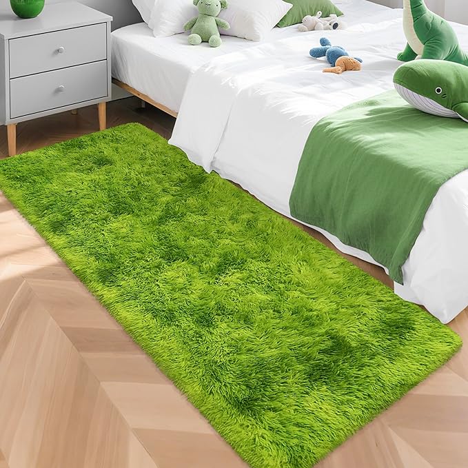 Tie-Dyed Runner Rug for Bedroom Green 2x5ft Fluffy Area Rug Bedside Runner Rug for Kids Room Boys Teens Nursery Baby Living Room Dorm Home Decor Carpets