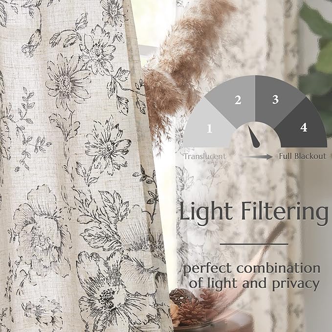 jinchan Linen Floral Curtains 96 Inch Length for Living Room Bedroom Light Filtering Farmhouse Peony Flower Drapes Rustic Window Curtain Set Rod Pocket Back Tab 2 Panels Black