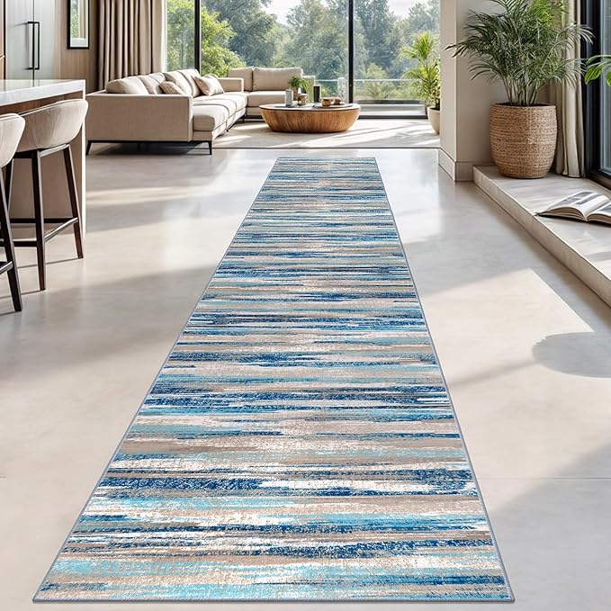 Lansny Modern Abstract Runner Rug 2.6x18, Blue Washable Long Kitchen Runner Non-Slip Soft Hallway Rug Runner Thin Print Faux Wool Carpet for Entryway Bedroom Laundry Room Indoor Home Decor