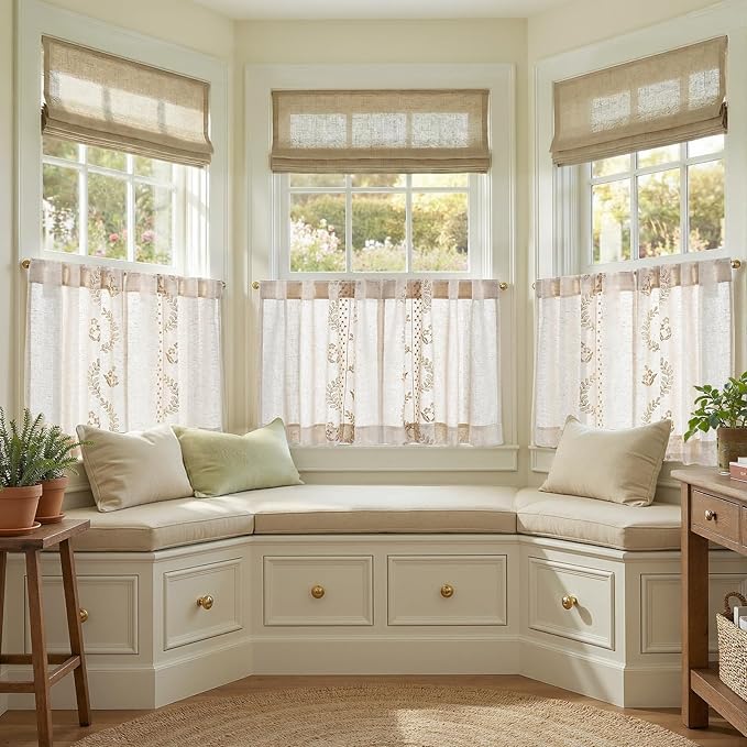 jinchan Belrose Linen Floral Kitchen Curtains 24 inch Length Embroidered Farmhouse Cafe Curtains for Living Room Bathroom Small Windows Curtain Set Sheer Light Filtering 2 Panels Beige