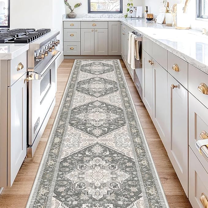 OPPODREAM Soft Entryway Rug 2x10, 2x10 Rug Runner, Washable Hallways Carpet 2 x 10 with Non Slip Backing, Low-Pile Bedside Carpet 2 x 10, Long, Faux Cashmere, Greenish Grey
