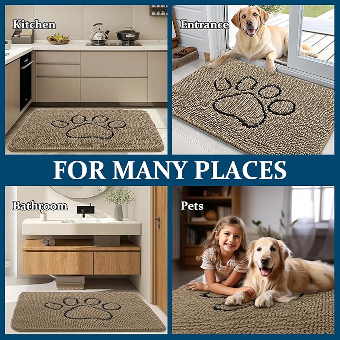 OLANLY Dog Door Mat for Muddy Paws 59x35, Paw Print Design, Absorbs Moisture and Dirt, Absorbent Non-Slip Washable Doormat, Quick Dry Chenille Mud Mat for Dogs, Entry Indoor Entryway Carpet, Tan