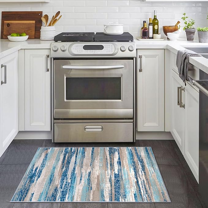 Lansny Small Abstract Area Rug, Entryway Rug Washable Door Mat Indoor Entrance, 2x3 Washable Rug Non-Slip, Soft Blue Kitchen Rugs Thin Print Faux Wool Floor Carpet Throw Rugs for Foyer Front Door Sink
