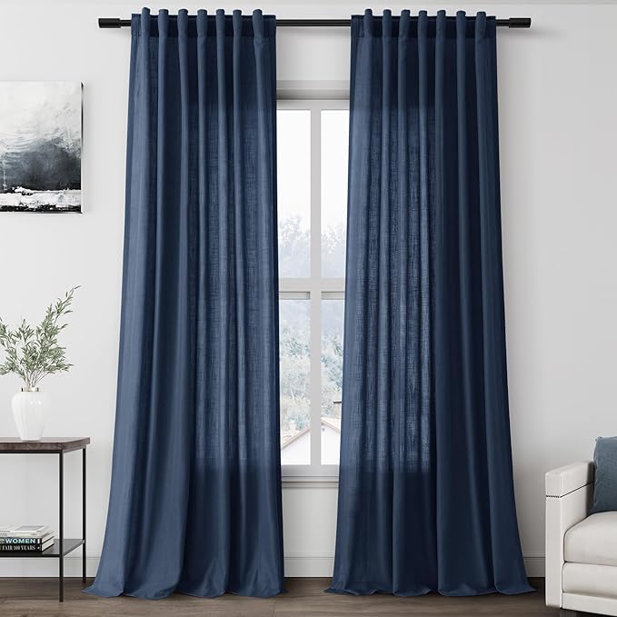 Denim Blue Linen Curtains 108 Inches Long for Living Room 2 Panels Set Extra Long Back Tab Curtain Semi Sheer Light Filtering Denim Blue Drapes Floor to Ceiling Curtains for Large Windows 52x108