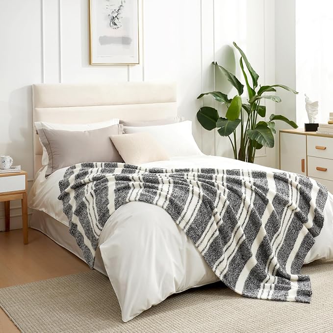 Snuggle Sac Heather Throw Blanket for Couch, Reversible Super Soft Blankets Warm Cozy Knit Fuzzy Plush Lightweight for Sofa, Bed, Camping, Picnic (Stripe Black, Queen (90"x90"))
