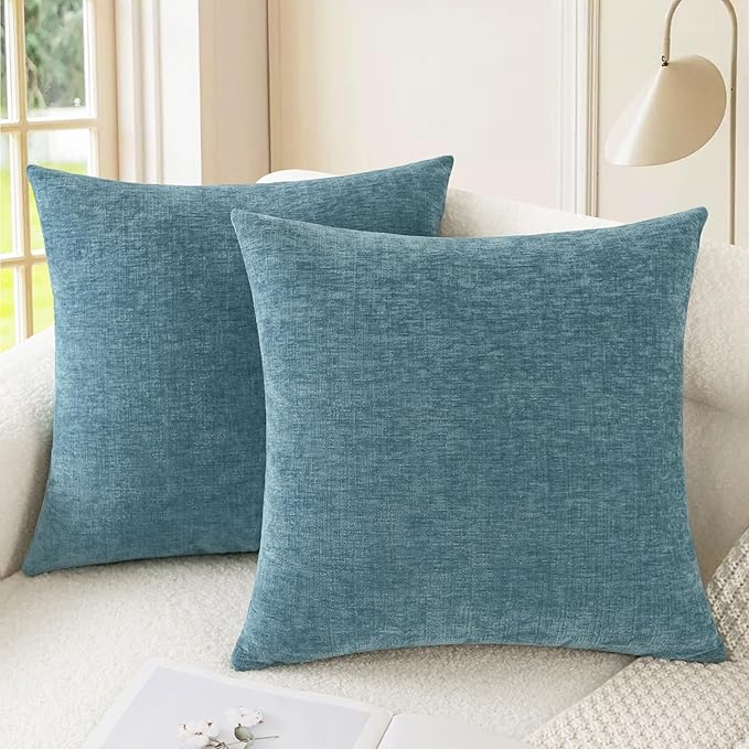 CaliTime Throw Pillow Covers Decorative 26 X 26 Inches Pack of 2 Cozy Chenille Cushion Cases for Couch Sofa Bed Living Room Home Smoke Blue
