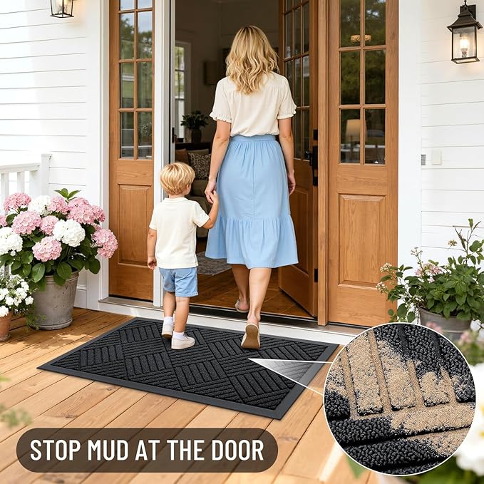 OLANLY Front Door Mat Outside Entrance 35x23, Absorbent, Heavy Duty Sturdy Natural Rubber Doormat Indoor Outdoor, Stain and Fade Resistant, Non-Slip Low Profile Floor Mat for Entryway, Black Diamond