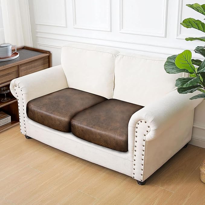 Leather Look Couch Cushion Covers Sofa Seat Slipcovers Sets Couches Furniture Protector for Sectional Armchair Loveseat Pets Kids Stretch Spandex Fabric (2 Cushion Loveseat, Dark Brown)