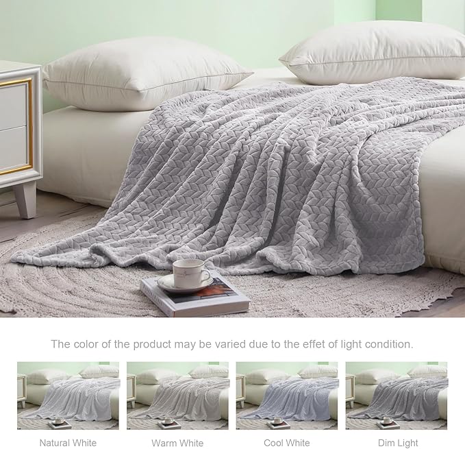 Exclusivo Mezcla Light Grey Fleece Queen Size Blanket for Bed, 90x90 Inches Soft Cozy 3D Decorative Jacquard Flannel Blankets, Lightweight Fuzzy Plush Warm Blankets for All Seasons