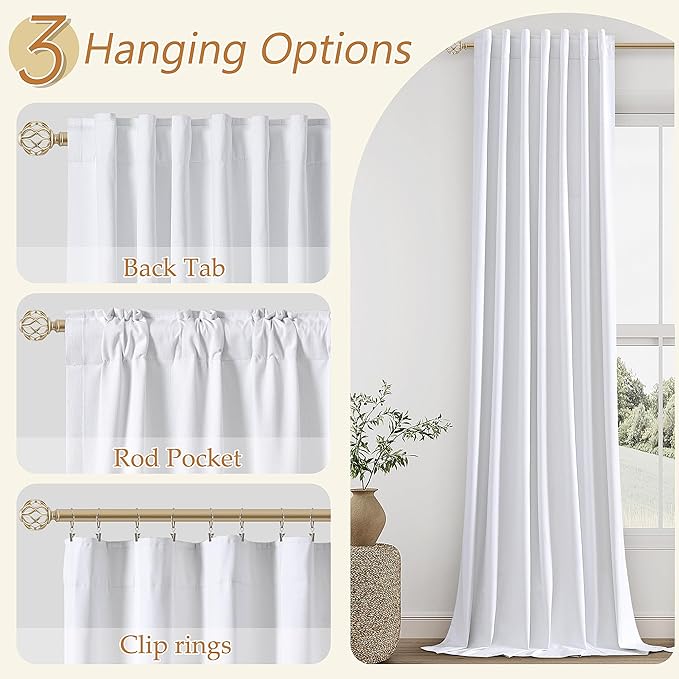 Guken White 100% Blackout Linen Curtains 144 Inch Length 2 Panels Set for Living Room Bedroom Back Tab Thermal Insulated Black Out Drapes Room Darkening Window Curtains