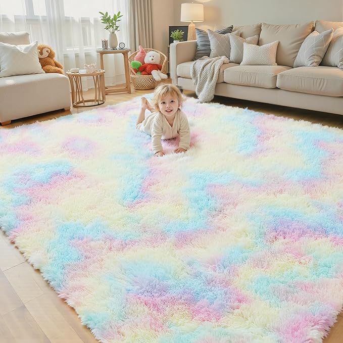 8x10 Area Rugs for Bedroom Living Room Fluffy, Large Area Rug Shag Shaggy Carpet Soft Plush Furry Bedside Rug, Machine Washable Area Rugs for Kids Girls Boys Home Decor(8 x 10, Rainbow)