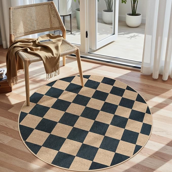 Lahome Colette Checkered 4 ft Easy Jute Round Rug, Washable Small Rugs for Entryway Patio, Farmhouse Non Slip Non Shedding Indoor Outdoor Circle Carpet for Kitchen Porch